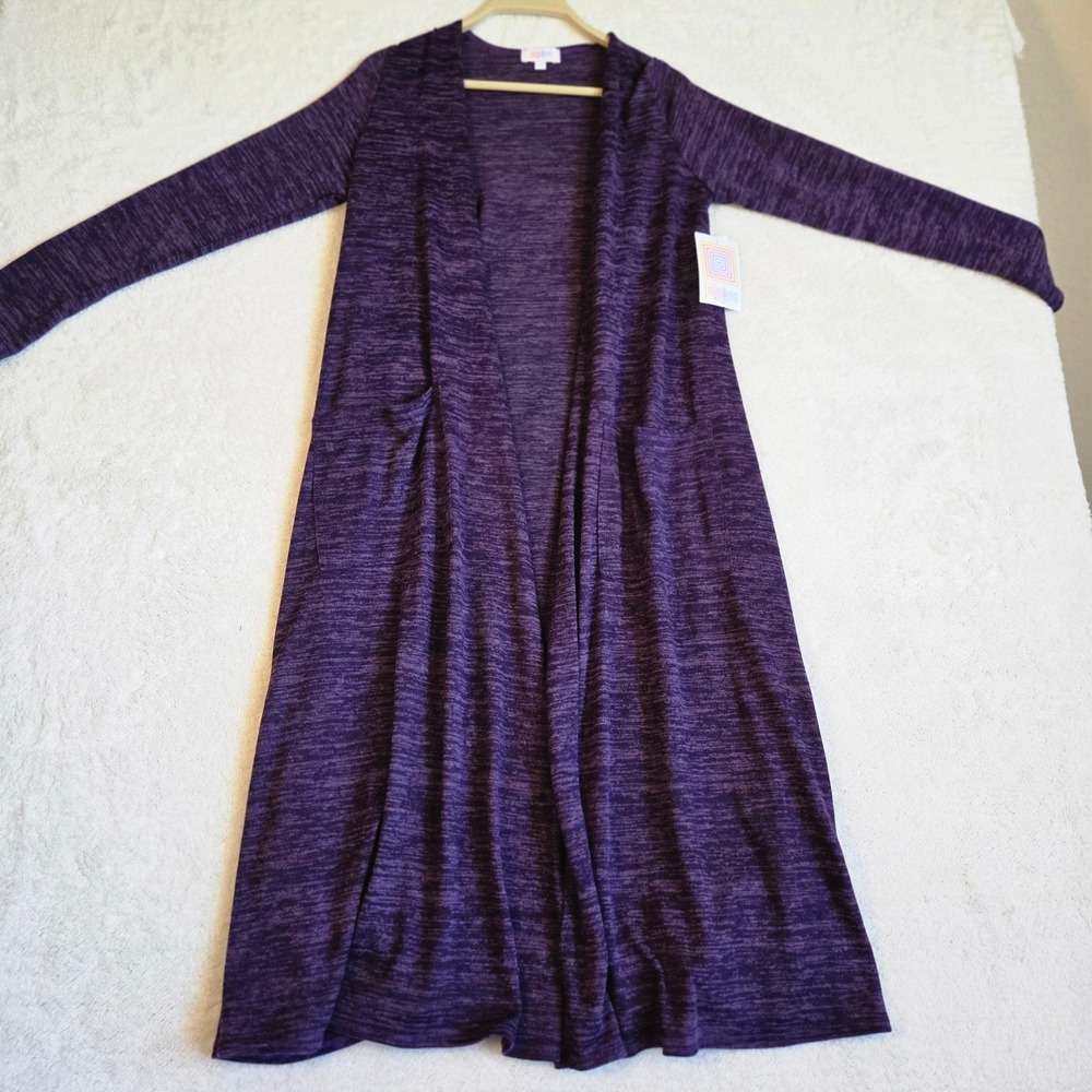 LuLaRoe Sarah Long Cardigan Duster Sweater Purple Space Dye Knit Pockets Small